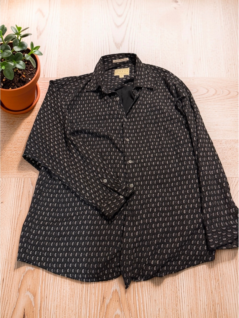 Joseph Abboud Collection Men's Silk Dress Shirt Medium Black with Paisley Print
